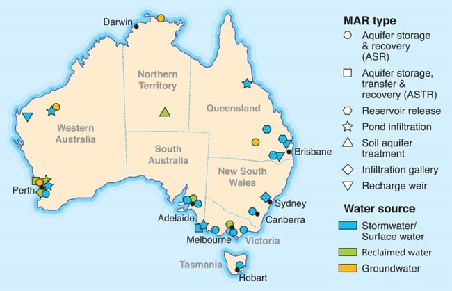 An overview of Australia’s extensive capacity for MAR using surface water, urban stormwater, recycled (reclaimed) water and groundwater (including pumped mine and coal seam gas water) (modified after Dillon et al., 2009).