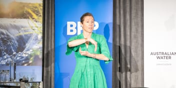 Dr Katie Ross presenting at Connected by Water 2026.