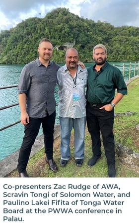 Co-presenters Zac Rudge of AWA, Scravin Tongi of Solomon Water, and Paulino Lakei Fifita of Tonga Water Board at the PWWA conference in Palau.