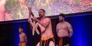 Kuma Kaaru Dance Group performing at the Ozwater’25 Gala Dinner, led by Jack Buckskin (Kaurna, Narungga and Wirangu), whose leadership and cultural knowledge were also shared through Welcome to Country and keynote address at Ozwater’25.